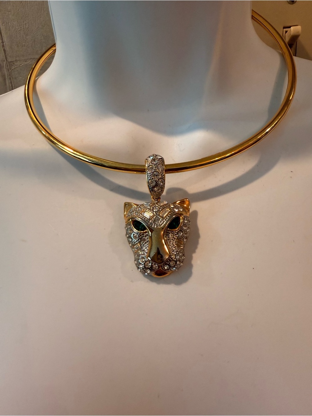 Gold Crystal Panther Pendant Choker Necklace